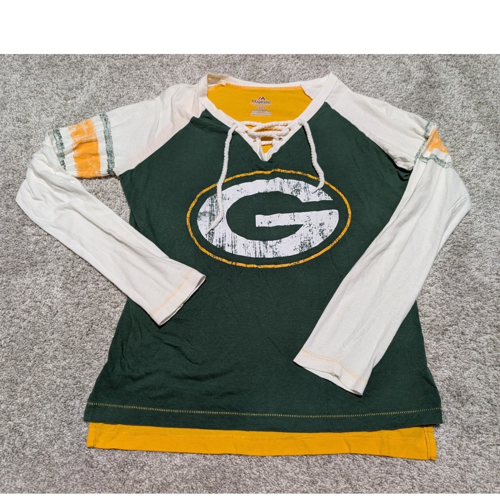 Majestic‎ Green Bay Packers Lace Up Tie Raglan Long Sleeve Shirt Womens M